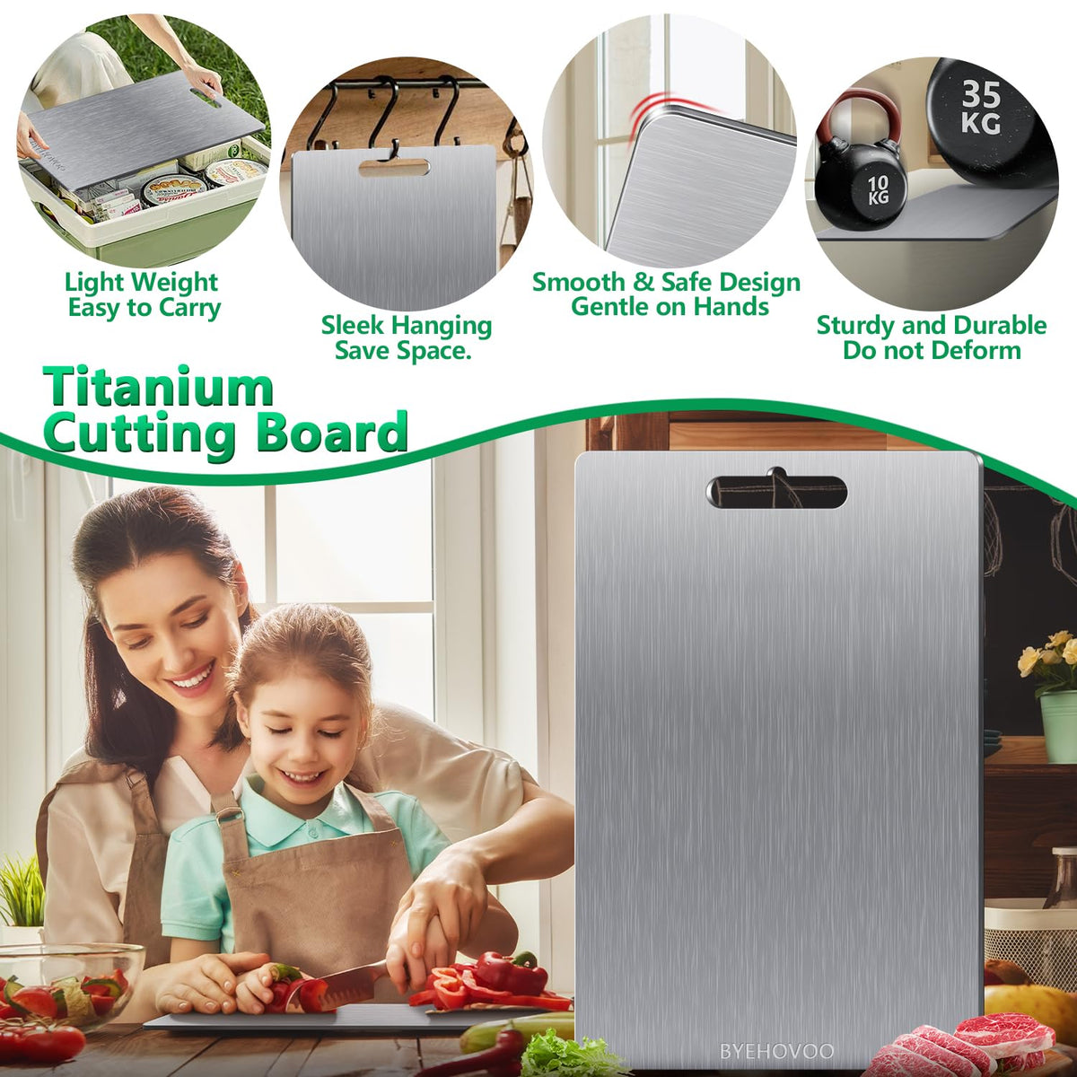 BYEHOVOO titanium cutting board middle front view, versatile surface for fruits and veggies