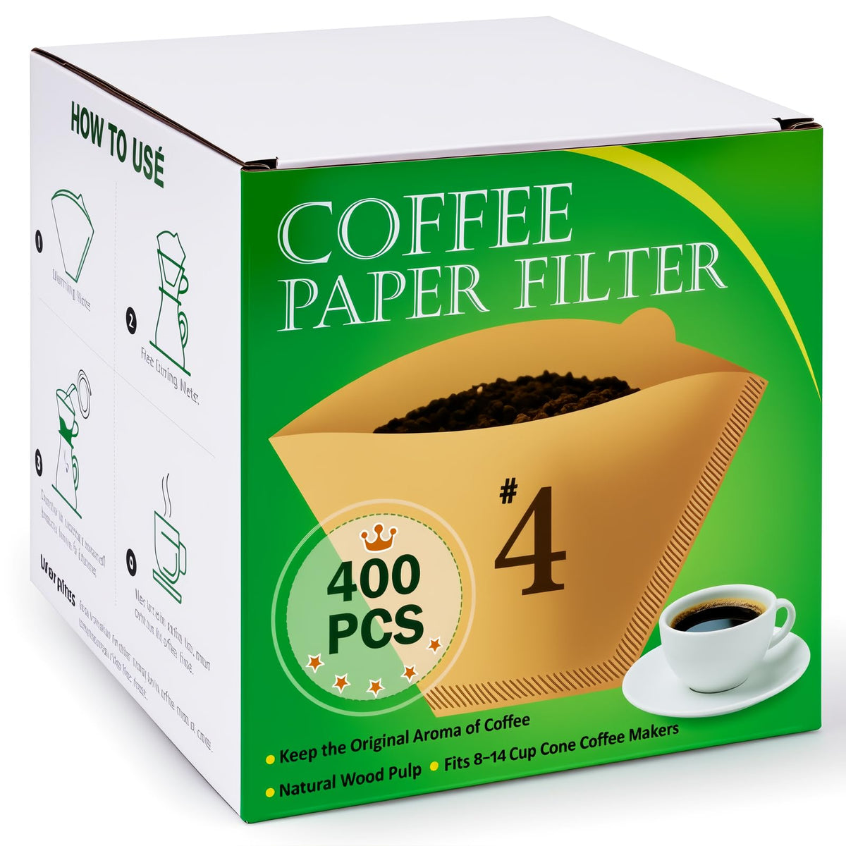 BYKITCHEN 400-piece four-cone filters packaging for bulk convenient brewing at home.