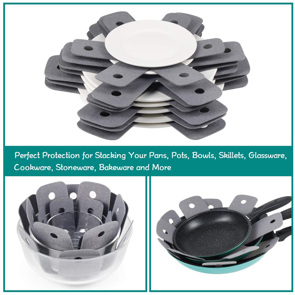 Protect glassware and ceramic pieces with BYKITCHEN pan protectors during stacking.