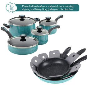 Stacked cookware stays organized with BYKITCHEN protectors, saving kitchen space.
