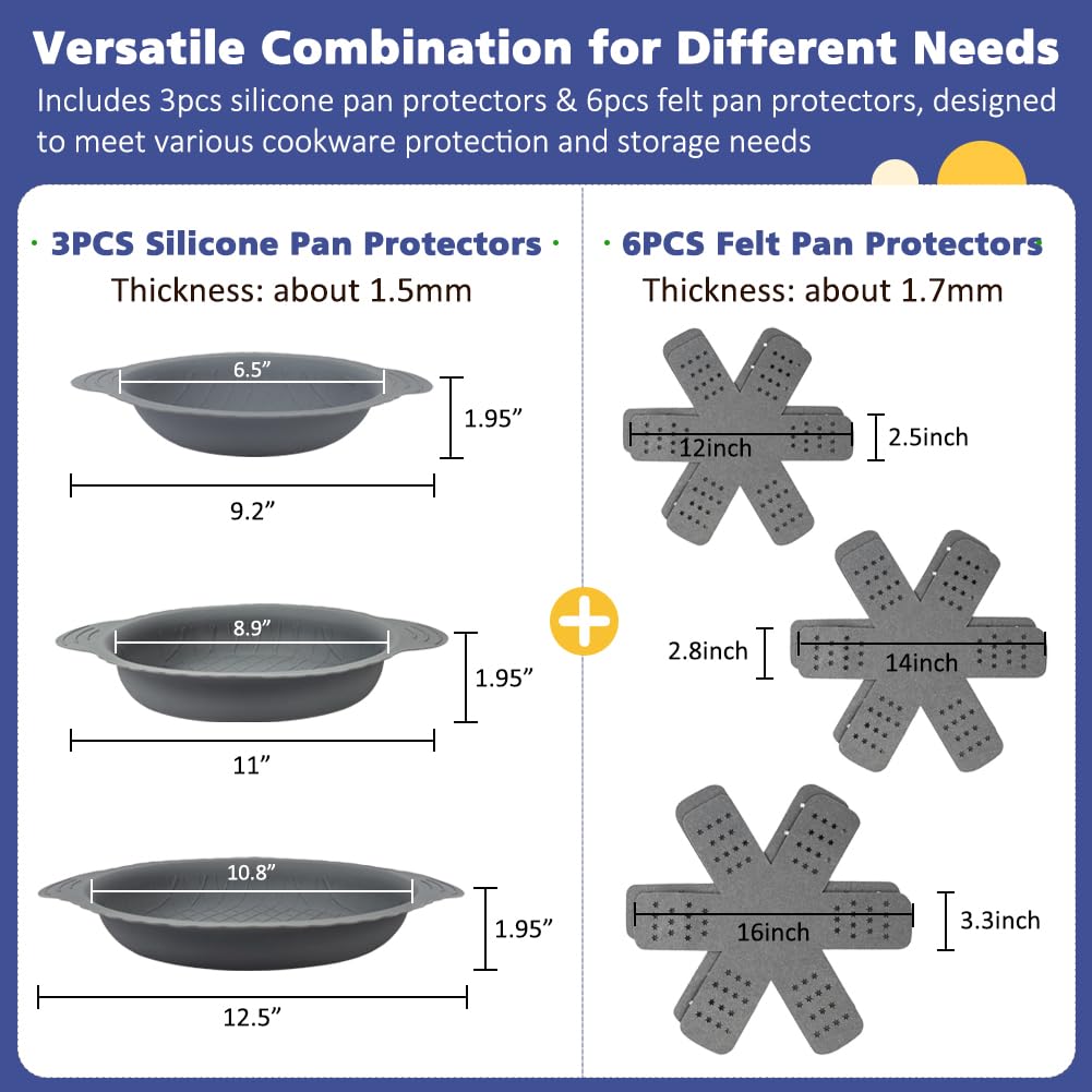 BYKITCHEN silicone pan protector 10-inch shields a skillet from scratches during storage.