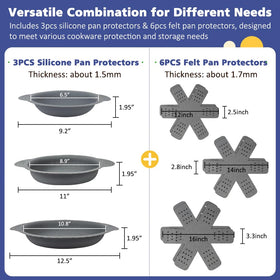 BYKITCHEN silicone pan protector 10-inch shields a skillet from scratches during storage.