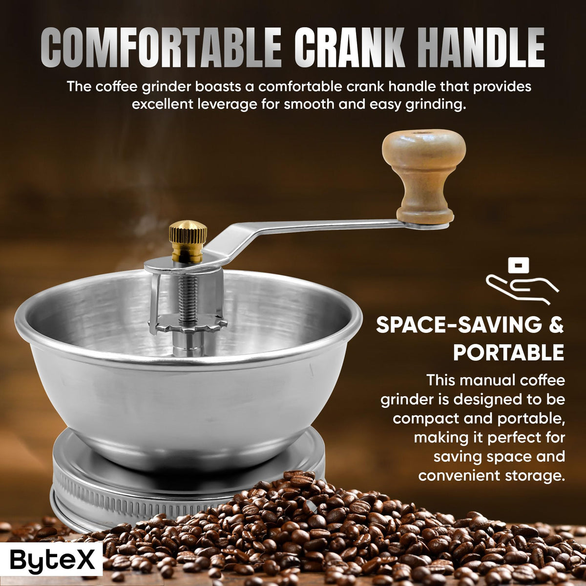 ByteX compact grinder lid attached to a Mason jar, ideal for travel and small kitchens.