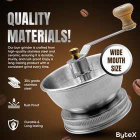ByteX manual crank with ceramic burr detail ideal for precise grinding while camping.