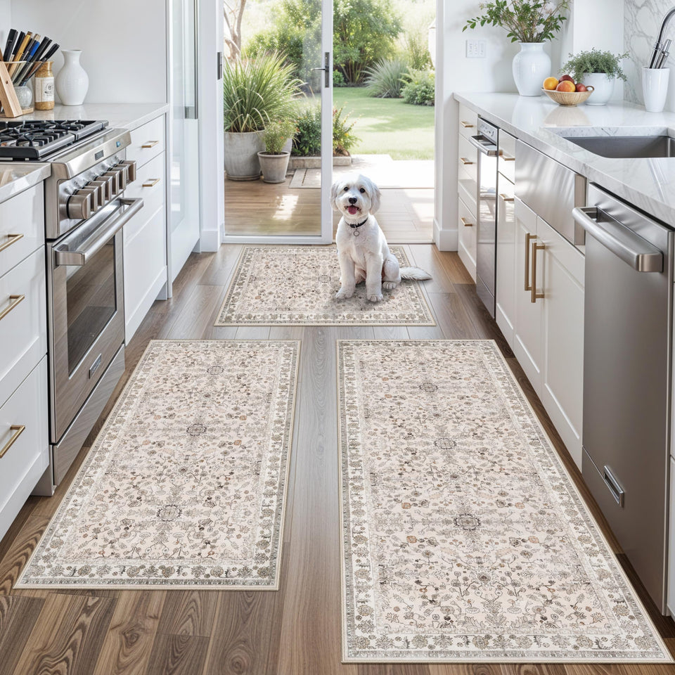 BYYVOO beige 2x3 kitchen rug front view with soft texture and non-slip backing for safety