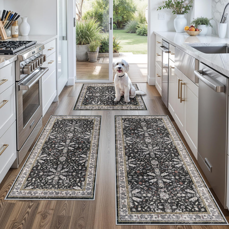 BYYVOO kitchen rug set in black, 2x3, front view, non-slip for hardwood floors.