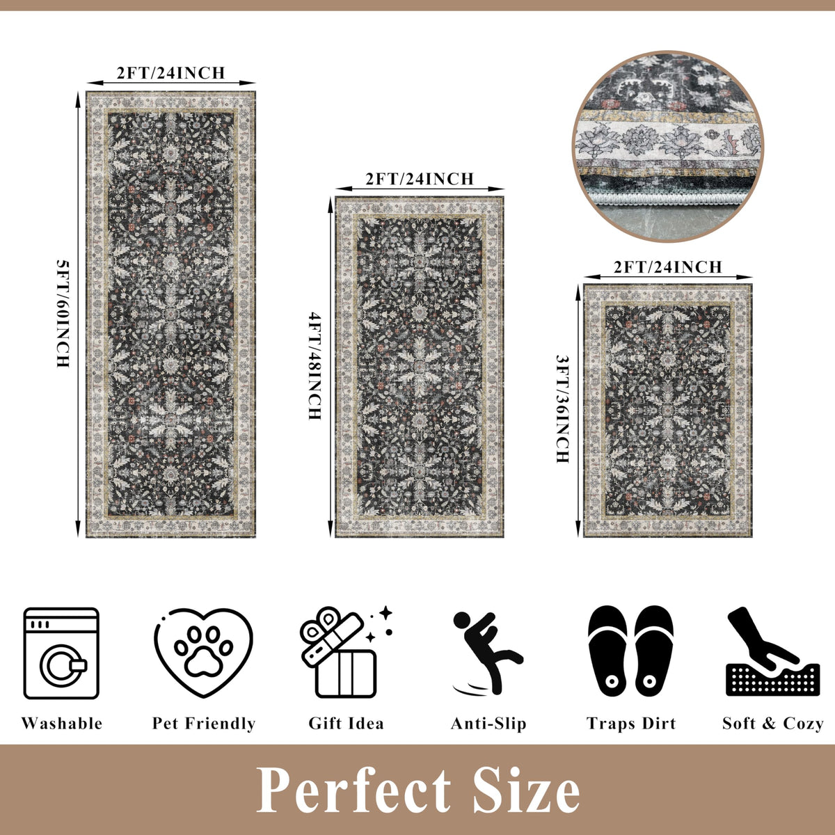 BYYVOO 2x4 runner rug close-up with non-slip backing for stability.