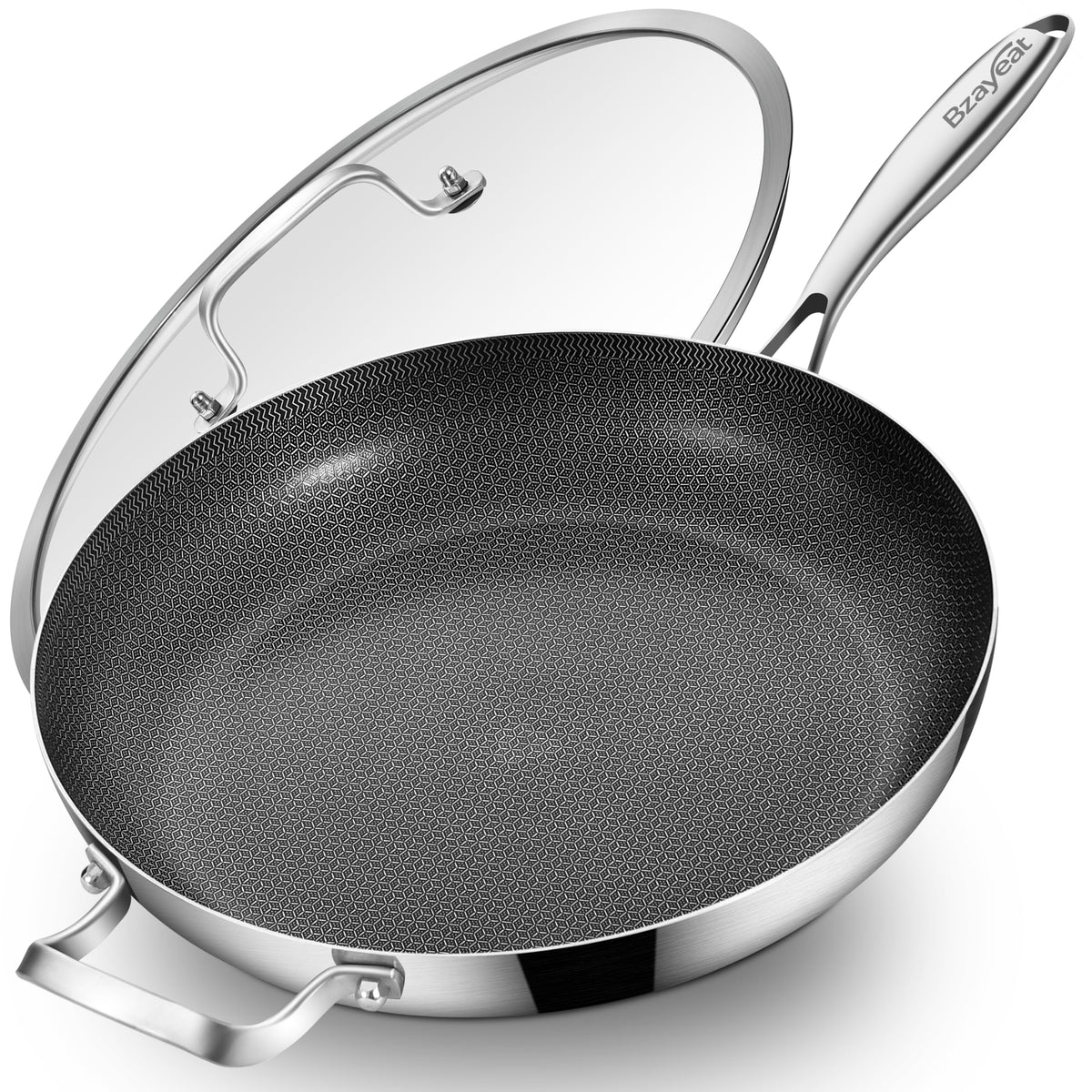 Bzayeat 14-inch hybrid frying pan full view for versatile searing and even heating