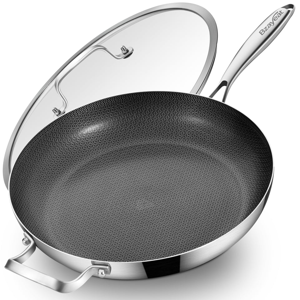 Bzayeat 14-inch hybrid frying pan full view for versatile searing and even heating