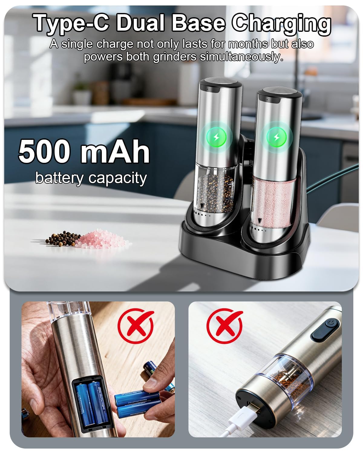 BZPP electric salt pepper grinder set six settings display for precise seasoning.