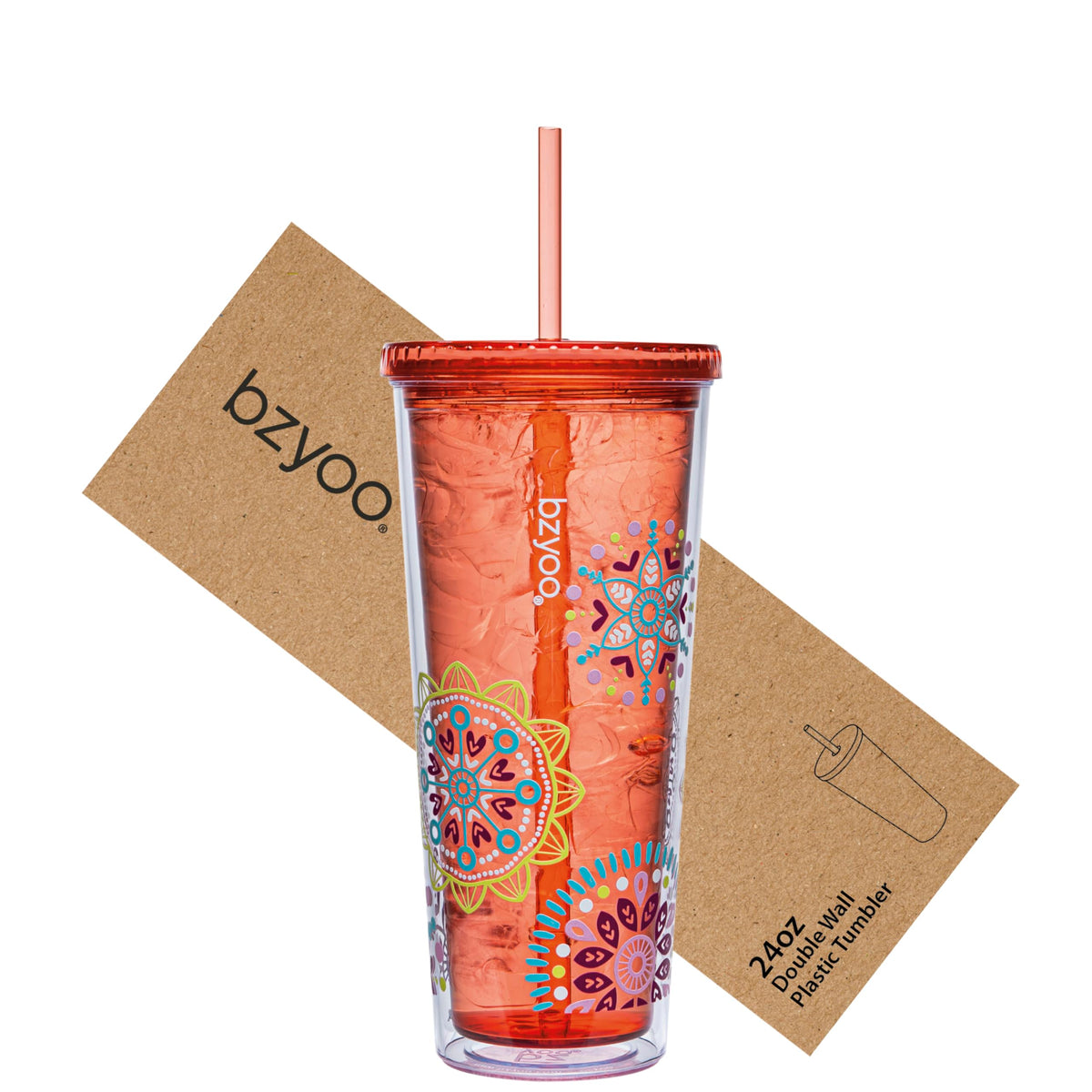 bzyoo SIP 24oz tumbler with orange medallion design keeps drinks cool on the go.