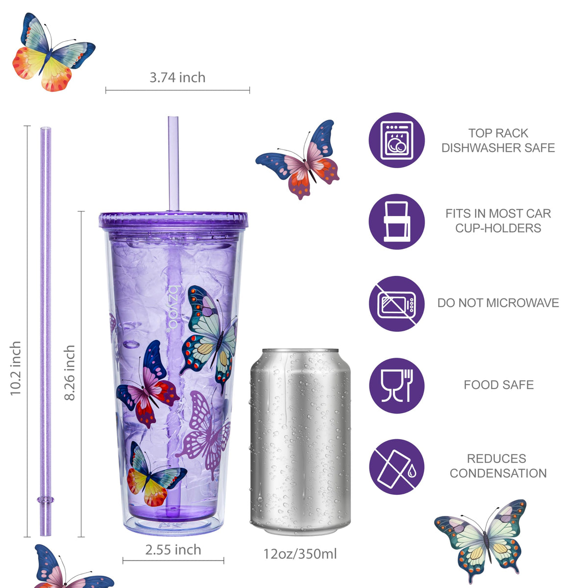 bzyoo SIP butterfly purple tumbler by poolside for cold drinks