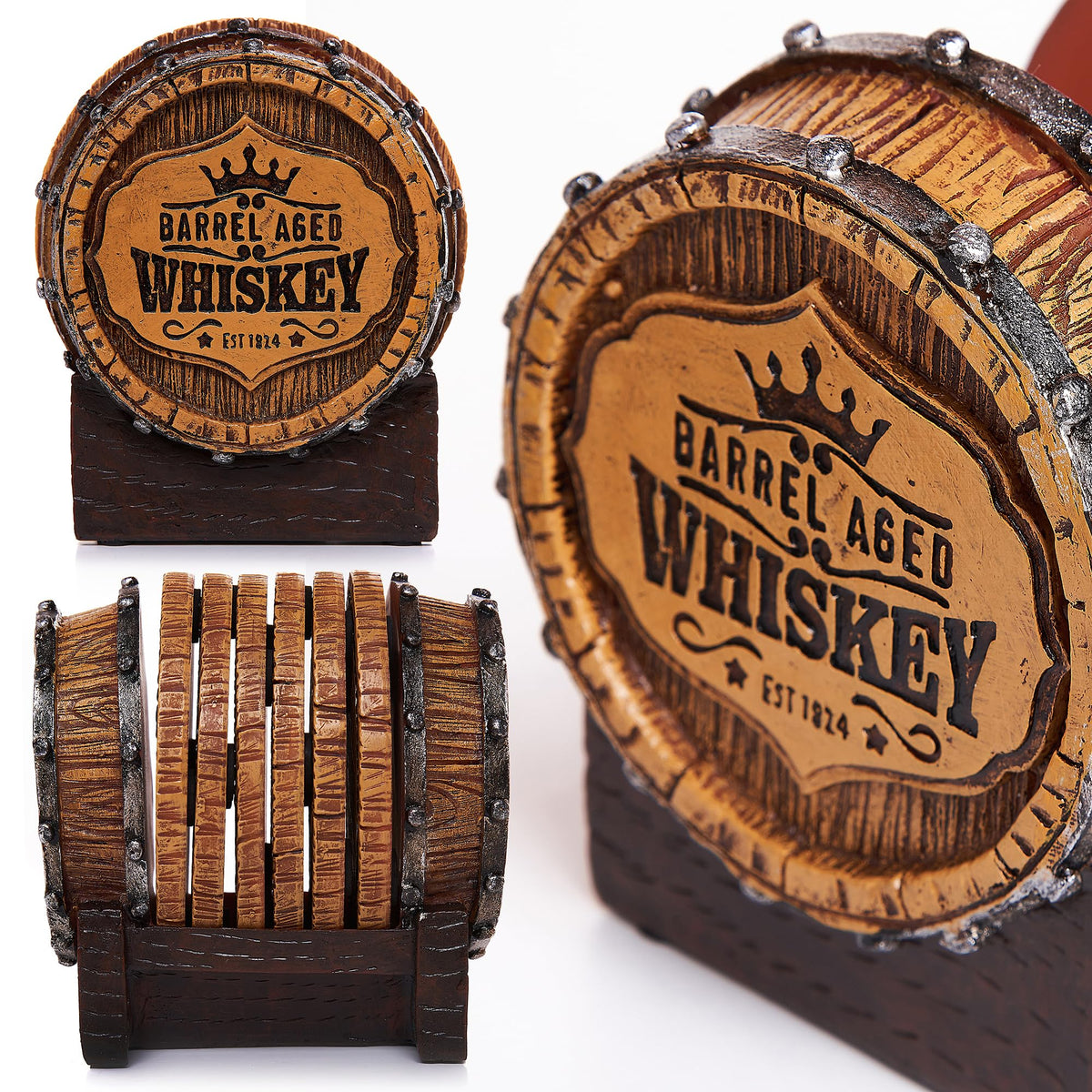 Barrel holder with six Cabin Obsession coasters ready for use