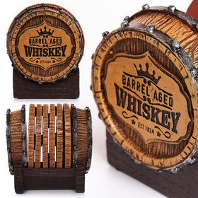 Barrel holder with six Cabin Obsession coasters ready for use