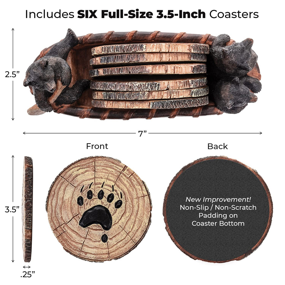 Handcrafted resin bear coasters with black bear figurines for durable table protection