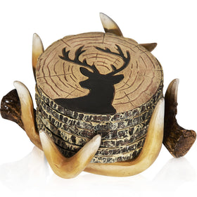 Cabin Obsession deer antler coaster set 6 on wood table protects surfaces during drinks.