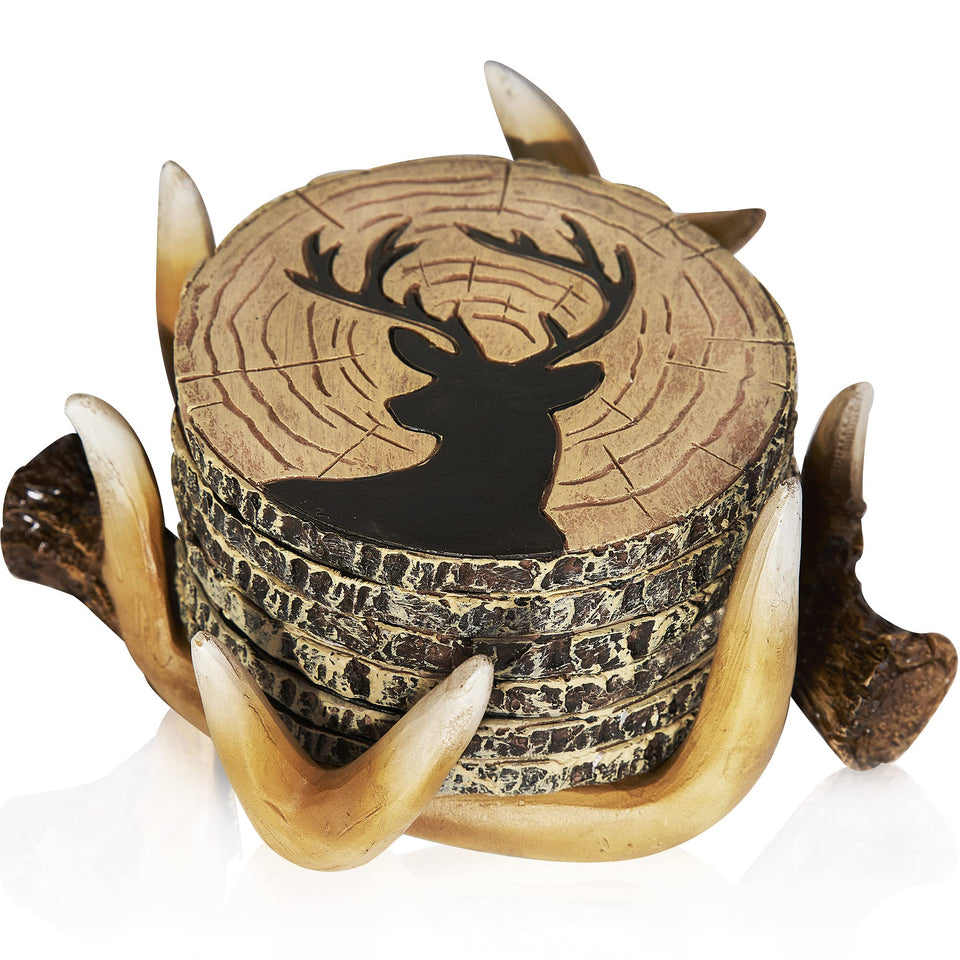 Cabin Obsession deer antler coaster set 6 on wood table protects surfaces during drinks.