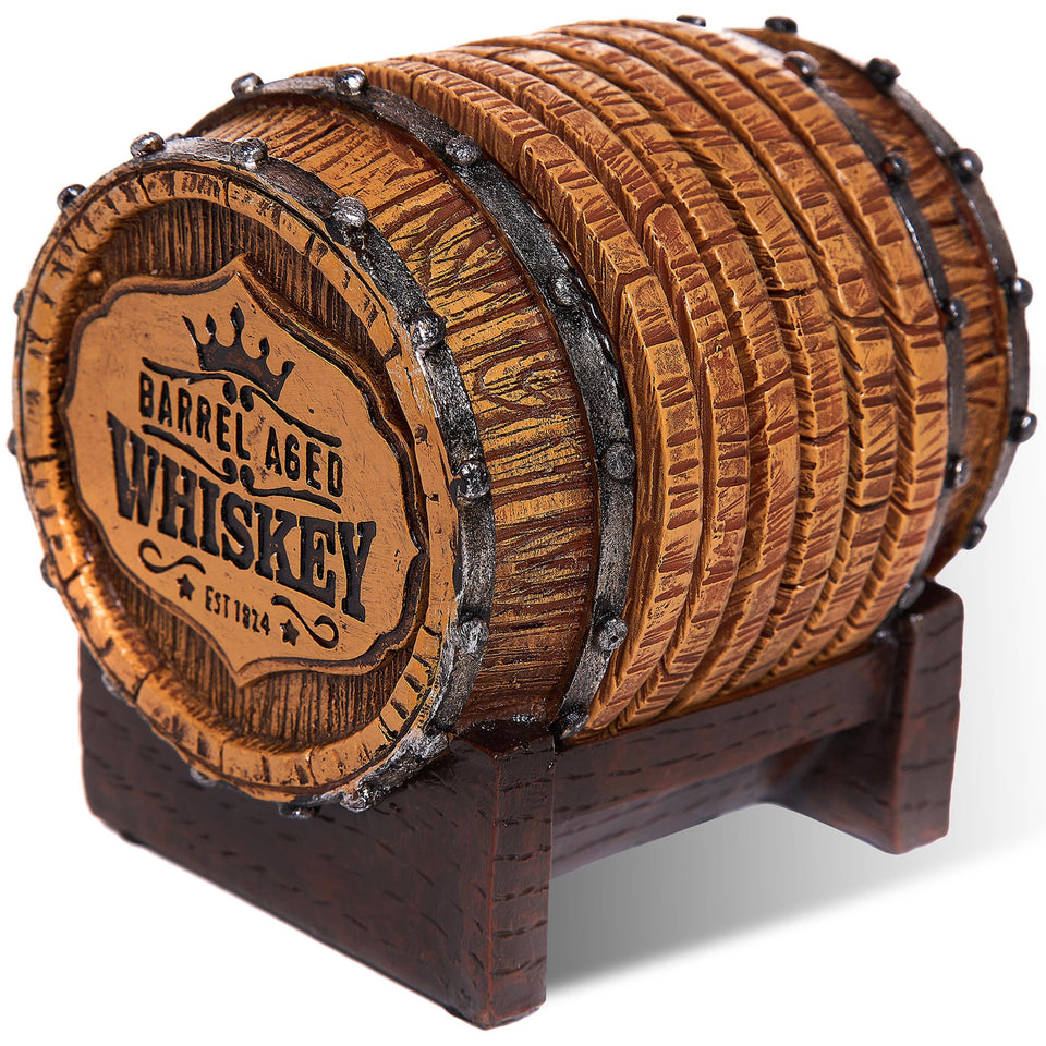 Cabin Obsession whiskey barrel coaster set displayed on bar for entertaining