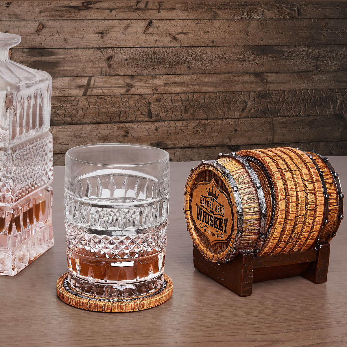 Rustic wood grain and resin finish on Cabin Obsession coasters