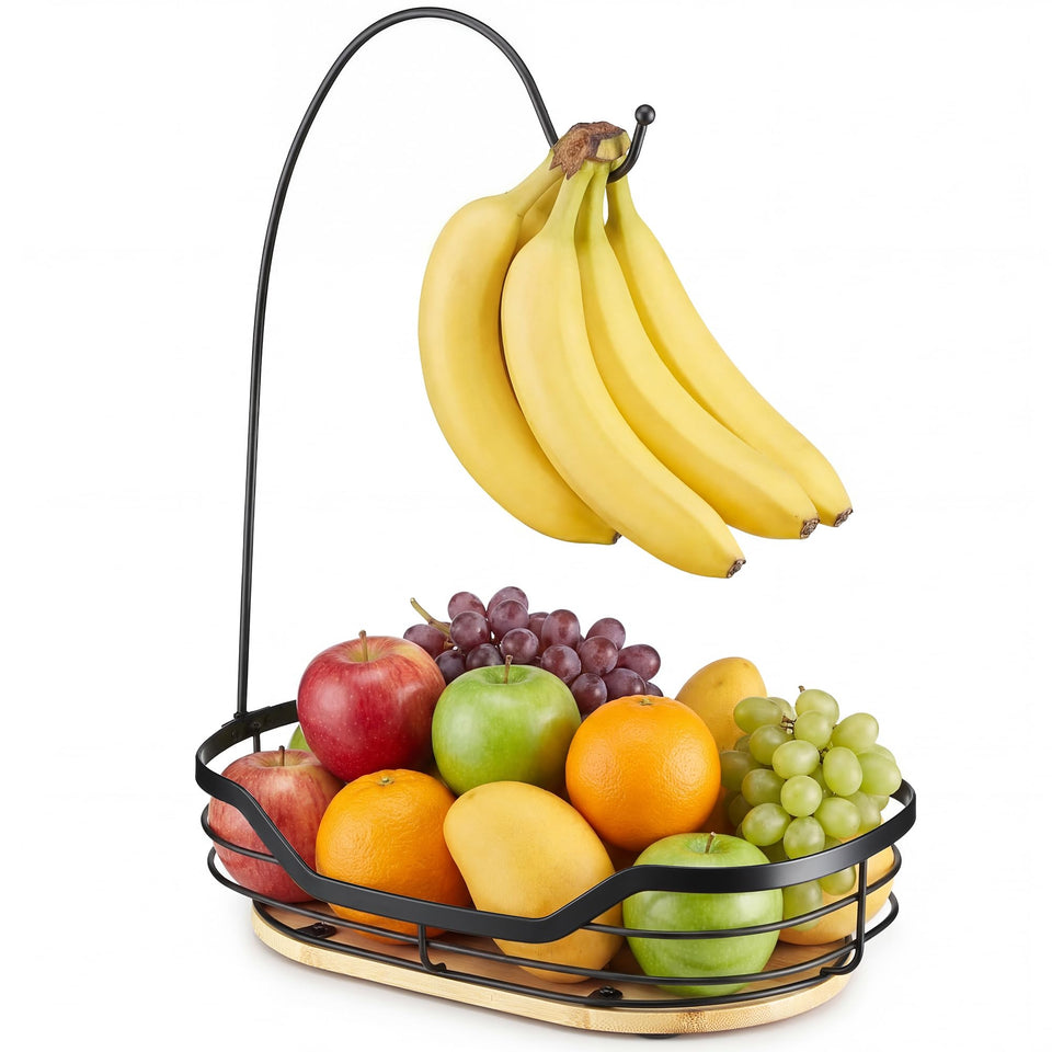 CACHOLIV banana holder hanging stand shows sleek black metal design for easy fruit access.