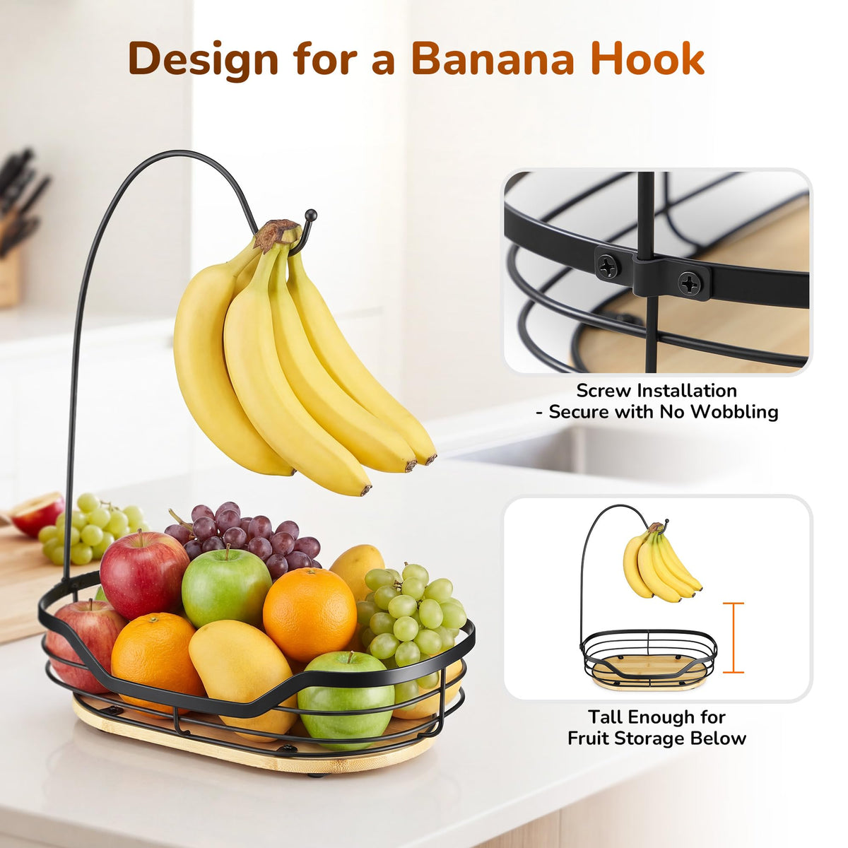 CACHOLIV metal banana hook closeup emphasizes durable construction and smooth hook for bananas.