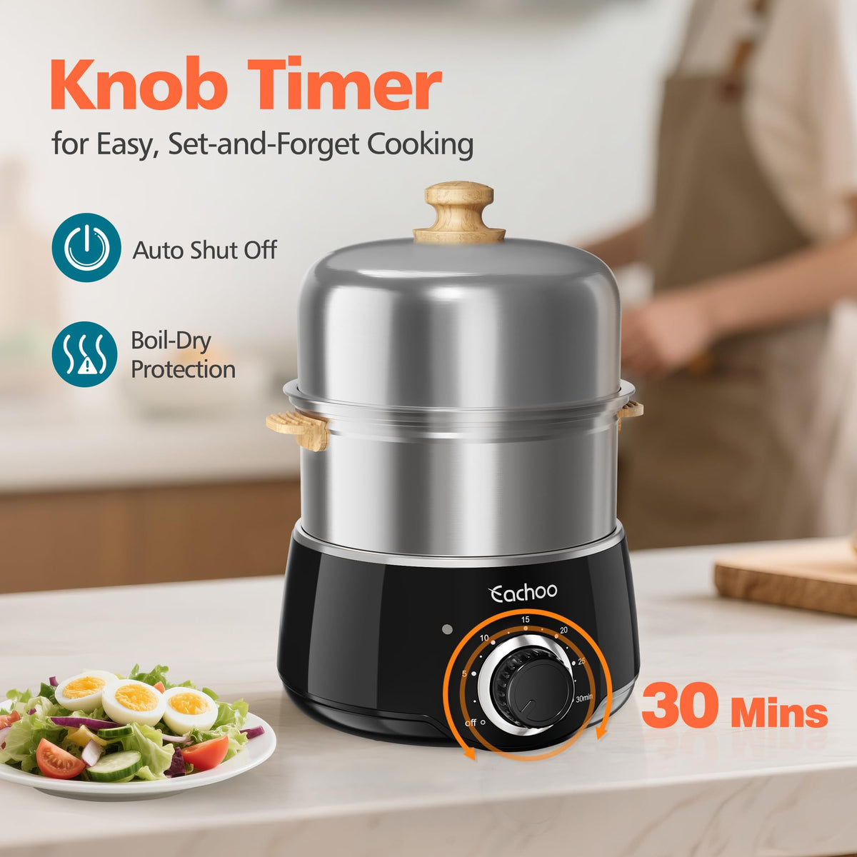 CACHOO 30-minute timer and auto shut-off prevent overcooking in busy kitchens.