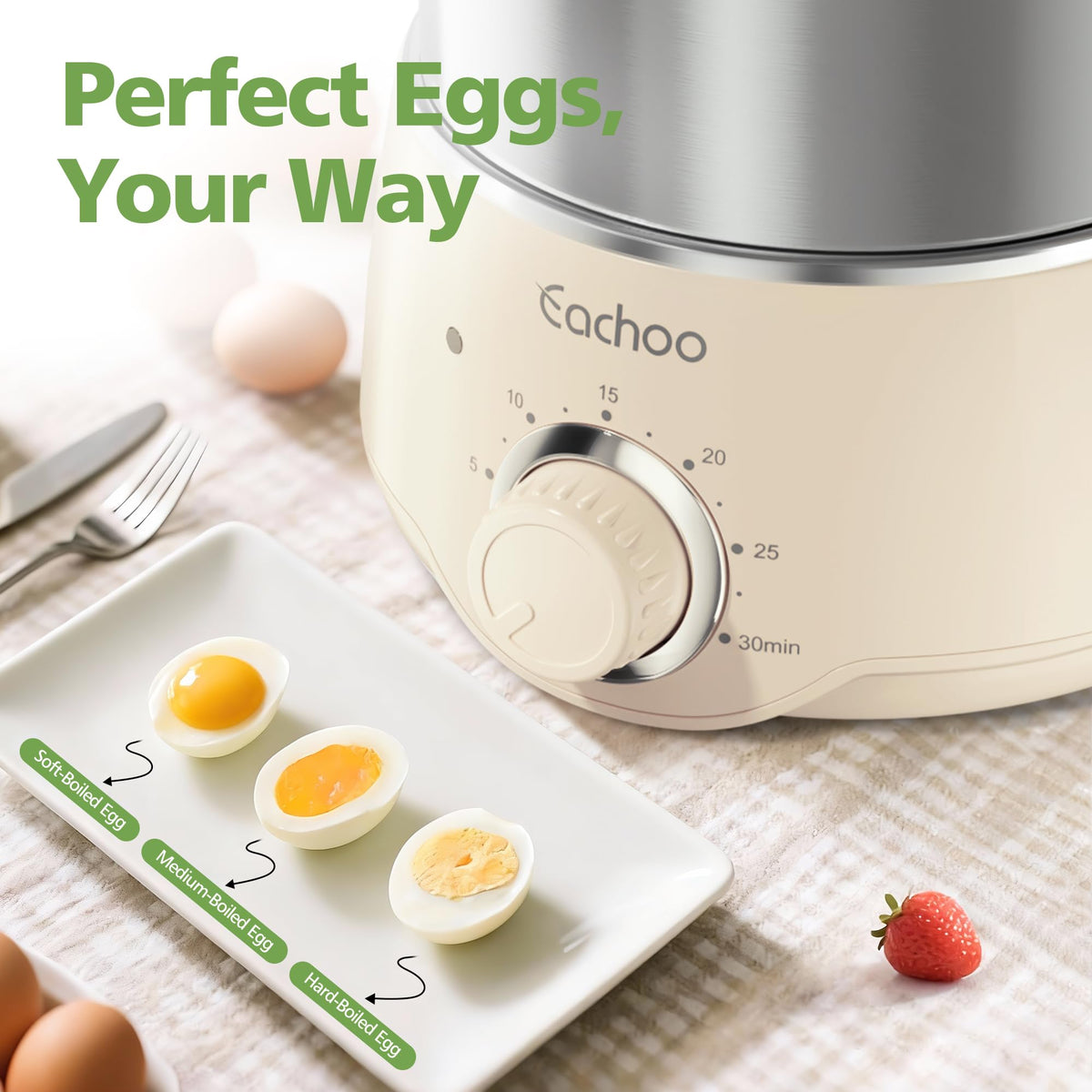 CACHOO egg cooker beige inside view proves efficient steaming and even heating.