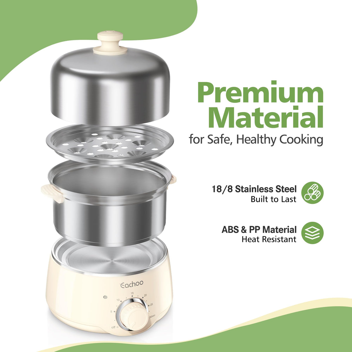 CACHOO egg cooker beige top view shows dual trays for versatile cooking options.