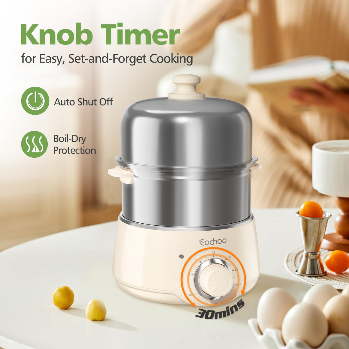 CACHOO egg cooker beige two-tray setup emphasizes large capacity for family meals.