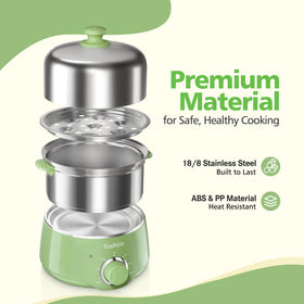 CACHOO stainless steel egg cooker interior view with trays.
