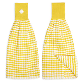Cackleberry Home gingham check terrycloth towel hangs lemon yellow for quick hand drying.