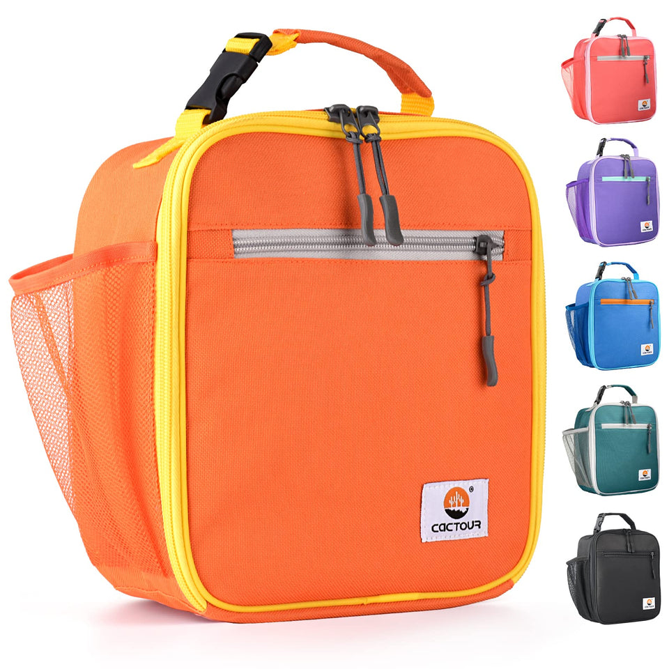 CaCTOUR kids lunch bag front view showing vibrant orange color and compact design for school meals