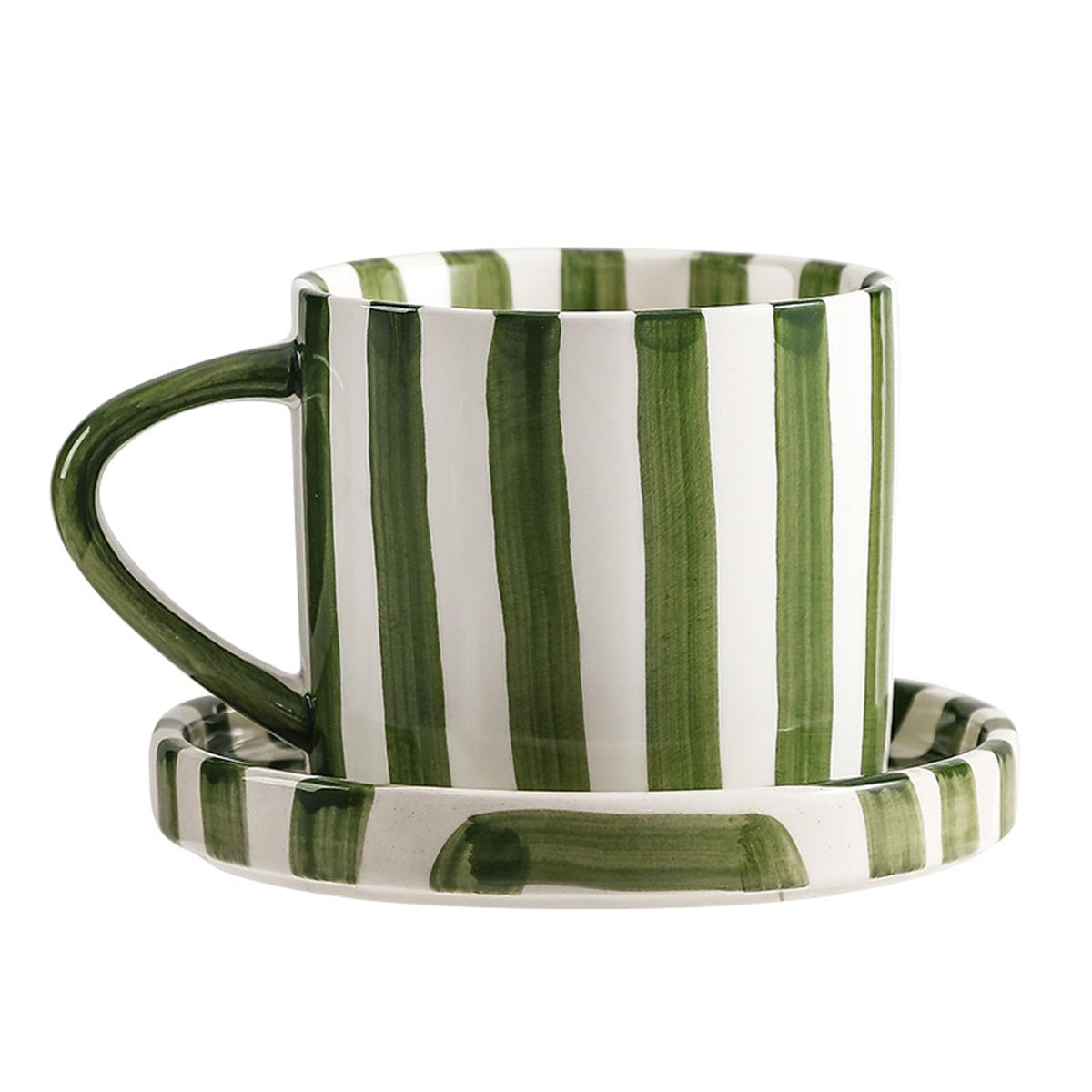 CACXKEP 8 oz mug with striped hand painted design and saucer for elegant coffee moments