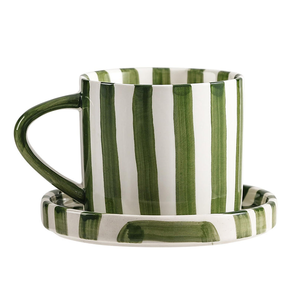 CACXKEP 8 oz mug with striped hand painted design and saucer for elegant coffee moments