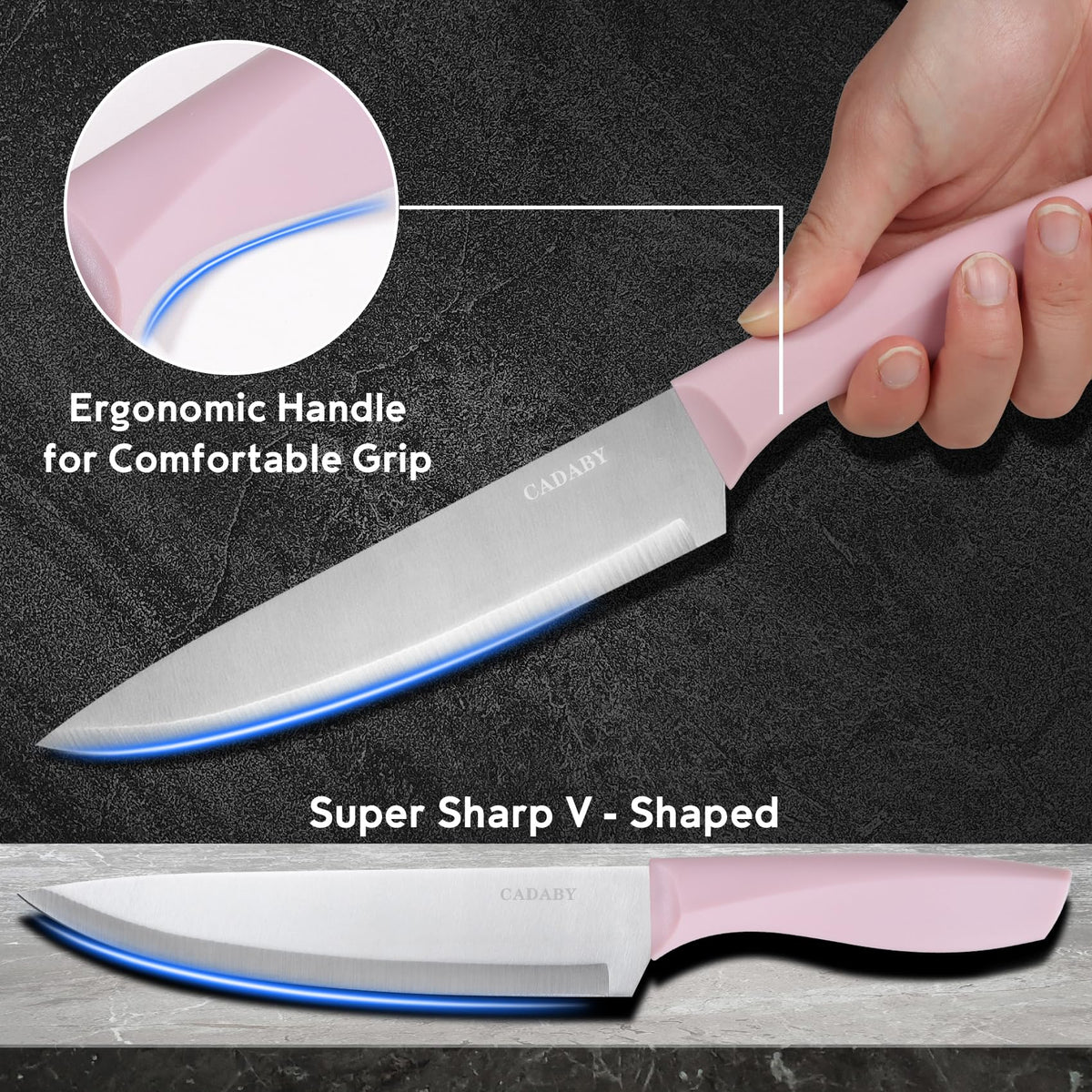CADABY 8 inch chef knife with sharp edge for precise slicing.
