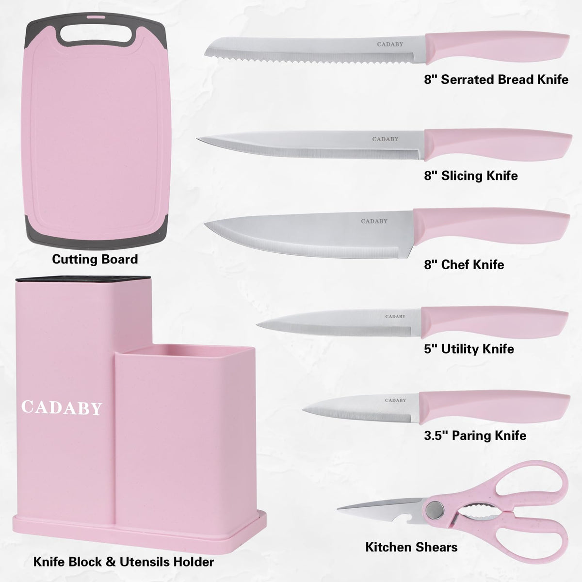 CADABY pink knife set in block keeps knives organized.