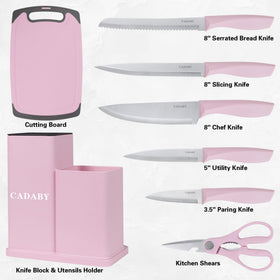 CADABY pink knife set in block keeps knives organized.