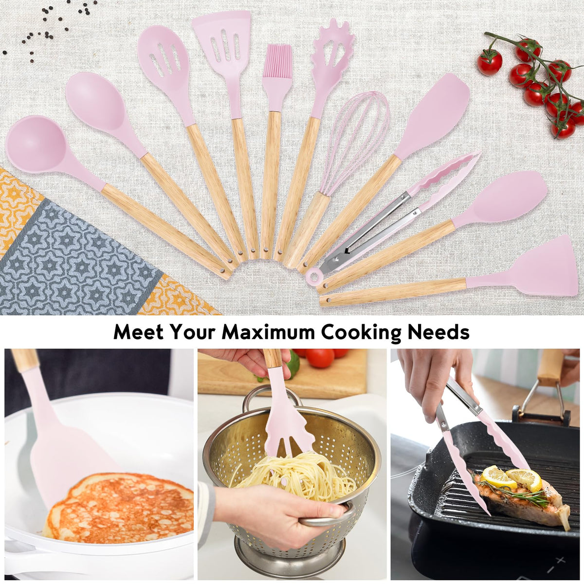 CADABY silicone slotted spoon drains liquids quickly.