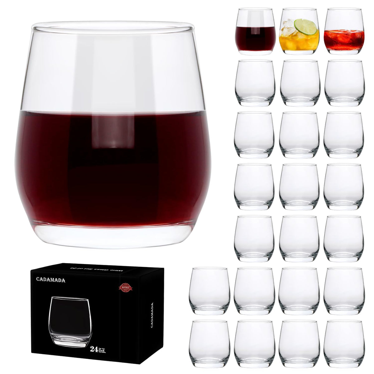 Cadamada 12oz stemless wine glasses set for easy, elegant serving.