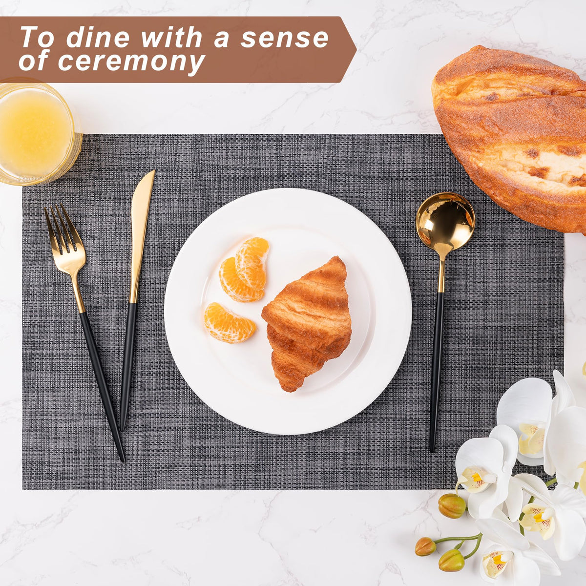 Beige woven vinyl texture from CADONO placemats enhances decor.