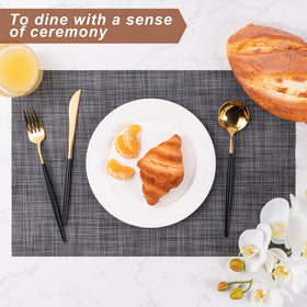 Beige woven vinyl texture from CADONO placemats enhances decor.