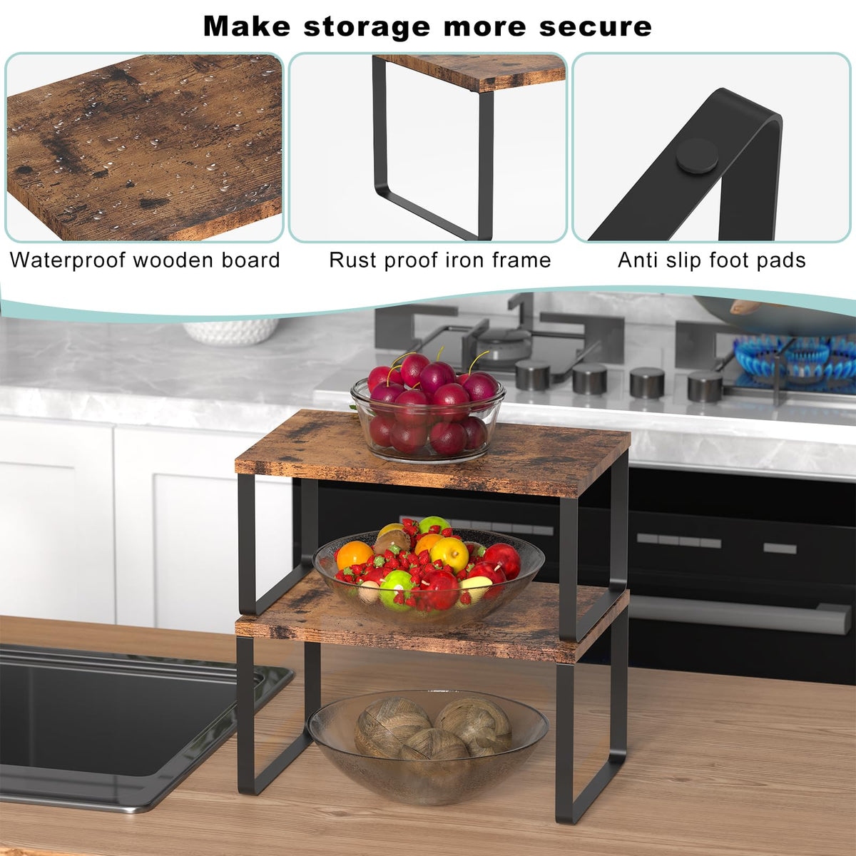CADUKE industrial cabinet organizer in brown wood and black metal finish