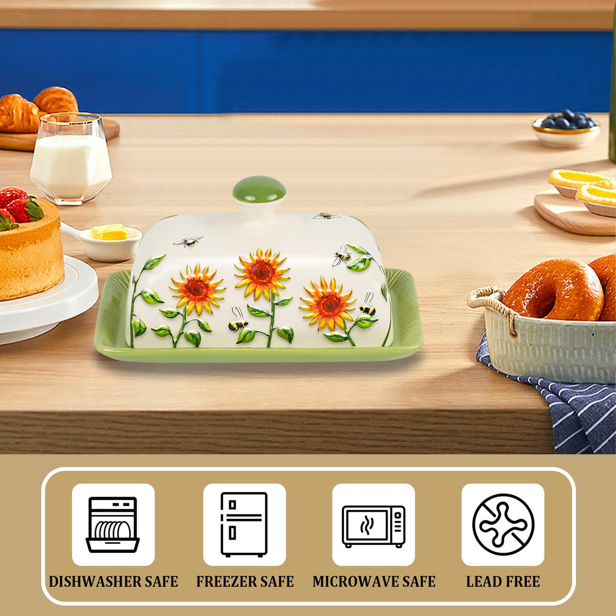 CADVJXZ butter dish features a raised edge and snug lid for protection