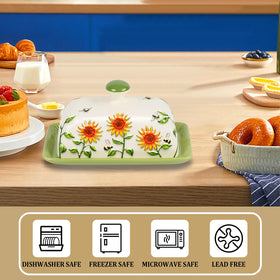 CADVJXZ butter dish features a raised edge and snug lid for protection