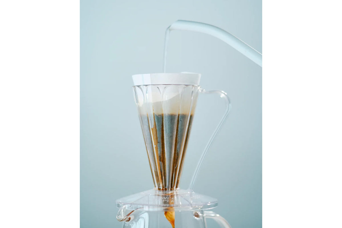 CAFEC Abaca+ Deep 27 white filter next to FLOWER DRIPPER DEEP 27, compatible for refined cups.
