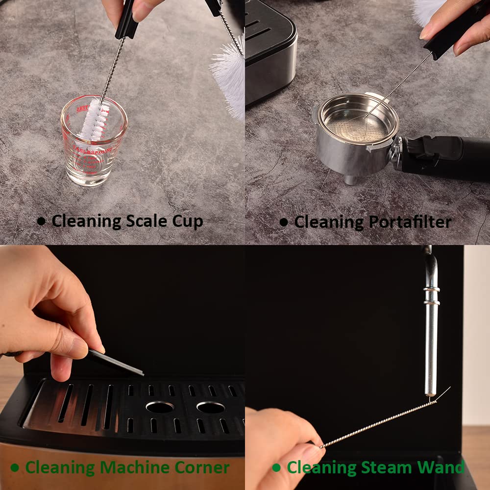 CAFEMASY hanging brush set shown on leather belt for space-saving storage.