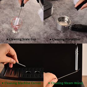 CAFEMASY hanging brush set shown on leather belt for space-saving storage.