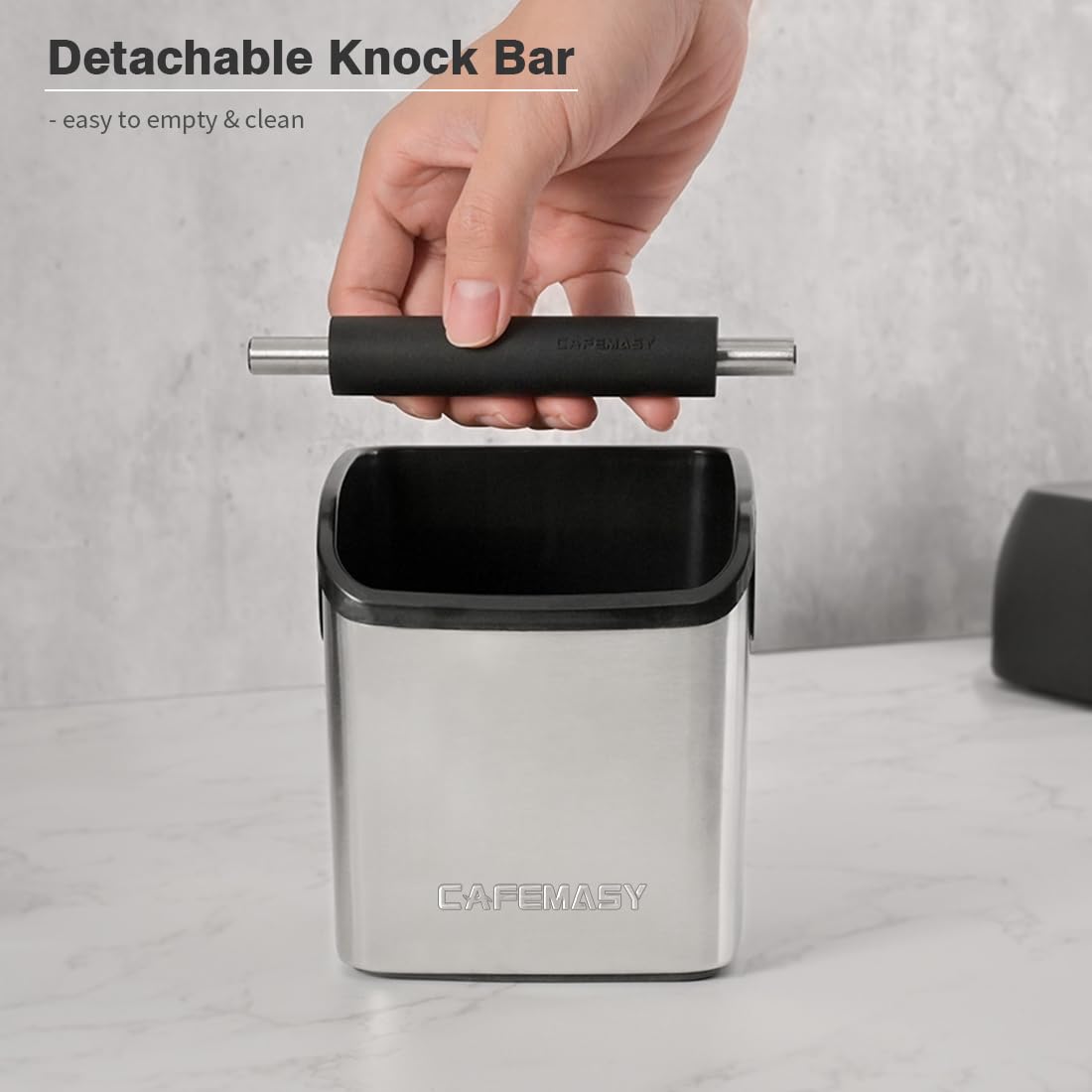 CAFEMASY luxe design sits neatly on the bar counter beside your machine.