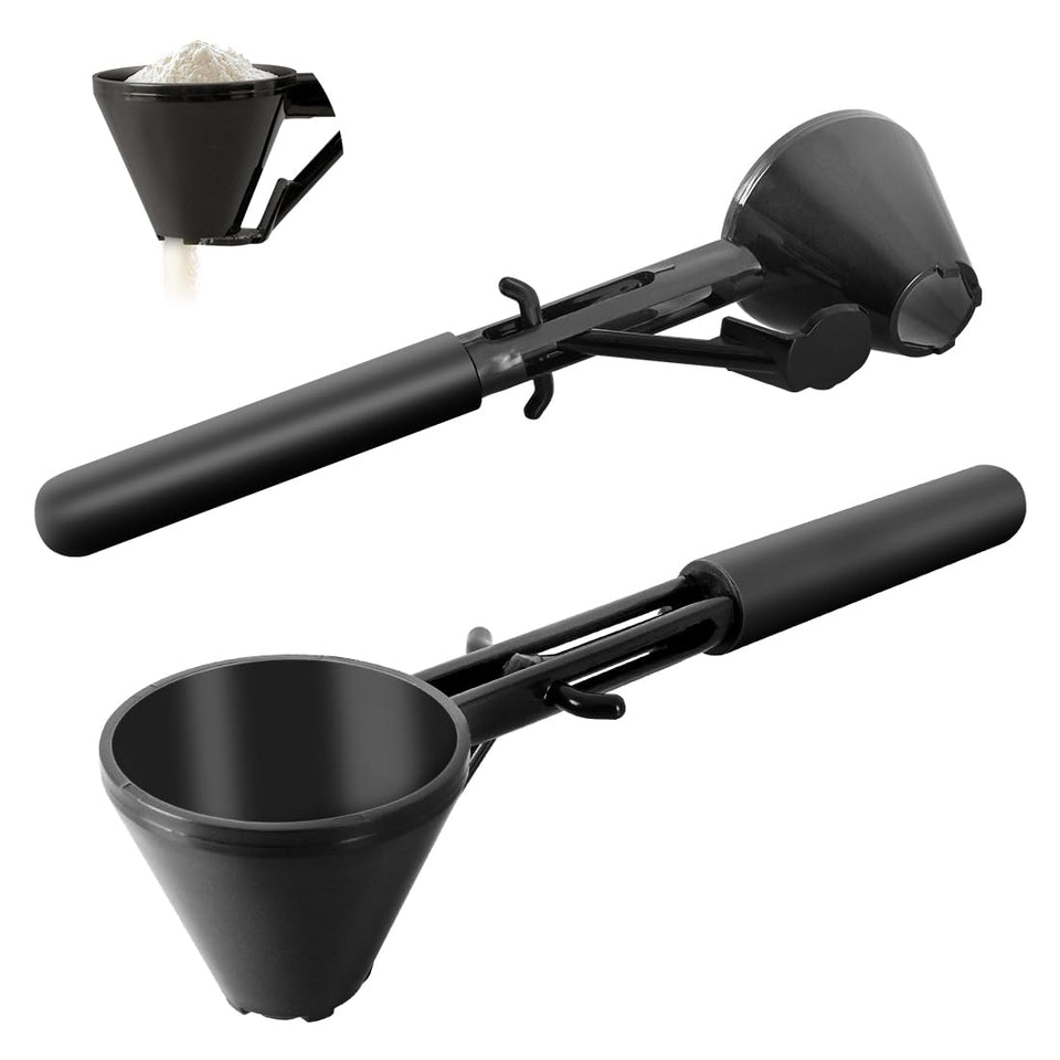 CAFEMASY measuring scoop with funnel kit for spill-free powder transfer into bottles.