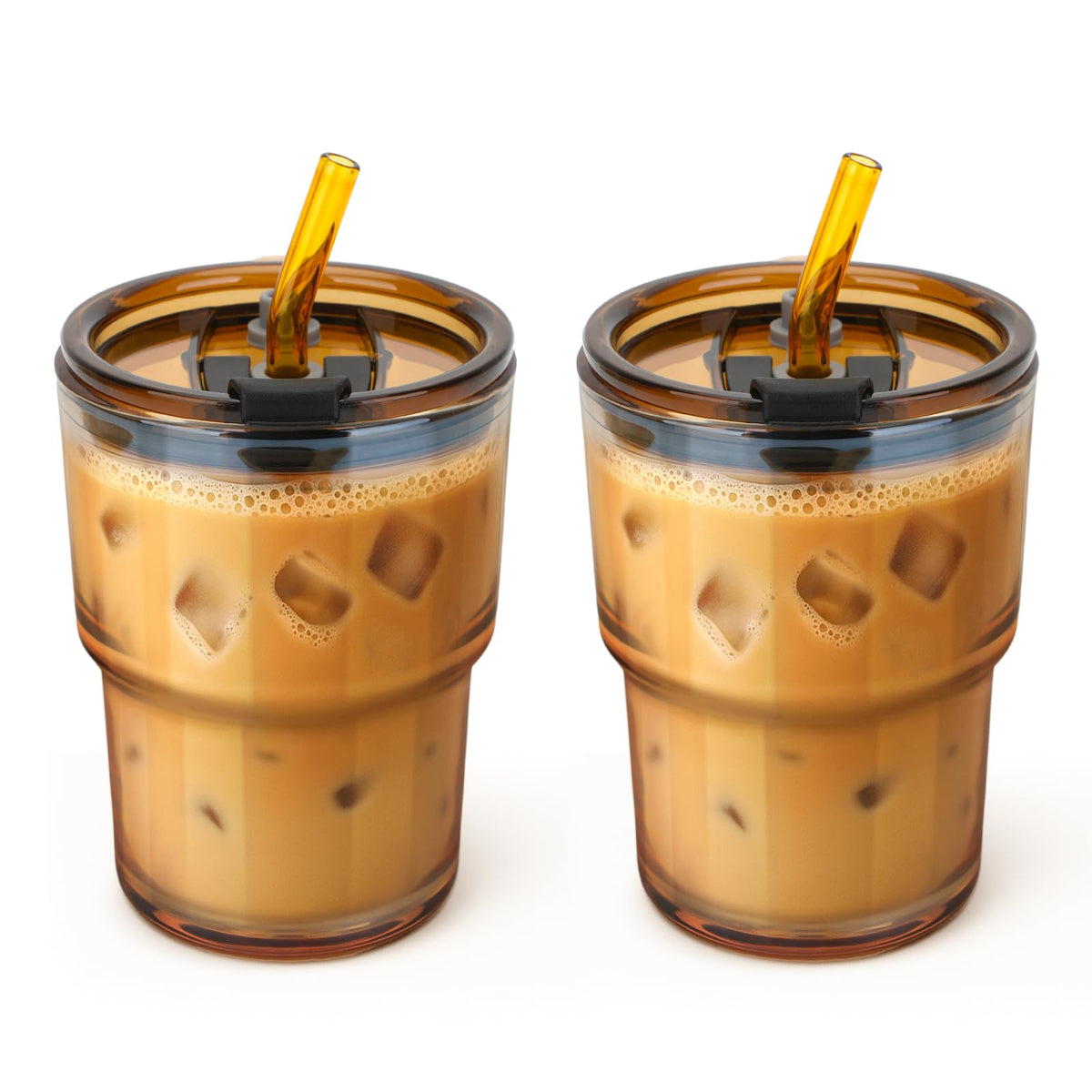 Cafezi 13 oz glass tumbler with lid and straw for on-the-go iced coffee.